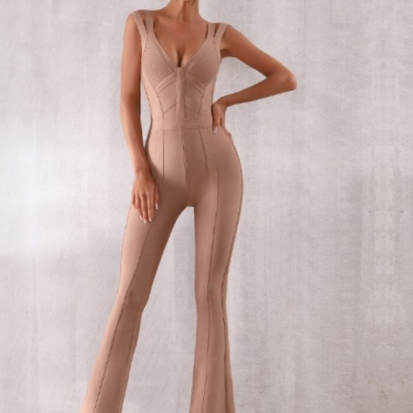BEIGE BANDAGE JUMPSUIT NUDE PANTSUIT CAMEL JUMPER - Picture 6 of 15